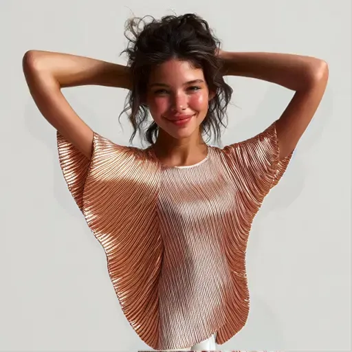 Rose gold ribbed cape, high-neck cut.