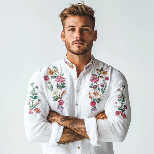 A crisp white linen button-up shirt with intricate hand-embroidered floral patterns in pastel colors, highlighting the collar and cuffs, perfect for a summer garden party, exuding freshness and elegance.