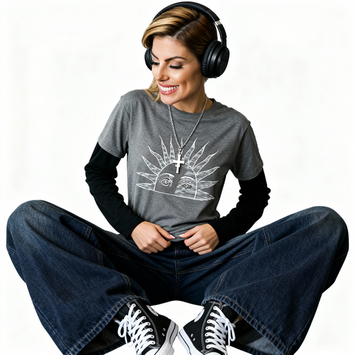 Baggy jeans, gray t-shirt over black long-sleeve, sun graphic, black high-top sneakers, black headphones, silver necklace.