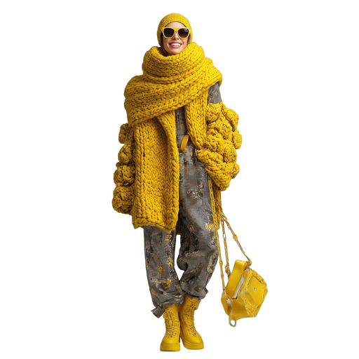 Yellow chunky knit scarf, knit hat, yellow sunglasses, floral patterned jumpsuit, yellow lace-up boots, yellow handbag with chain strap.