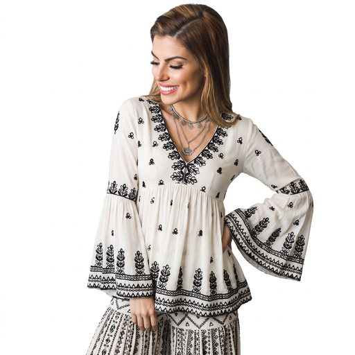 White embroidered top with black floral patterns, flared sleeves; matching wide-leg pants. Bohemian style.