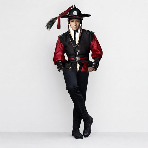 Black and red hanbok with embroidery, wide-brimmed hat with tassel, beaded necklace, intricate button detail.